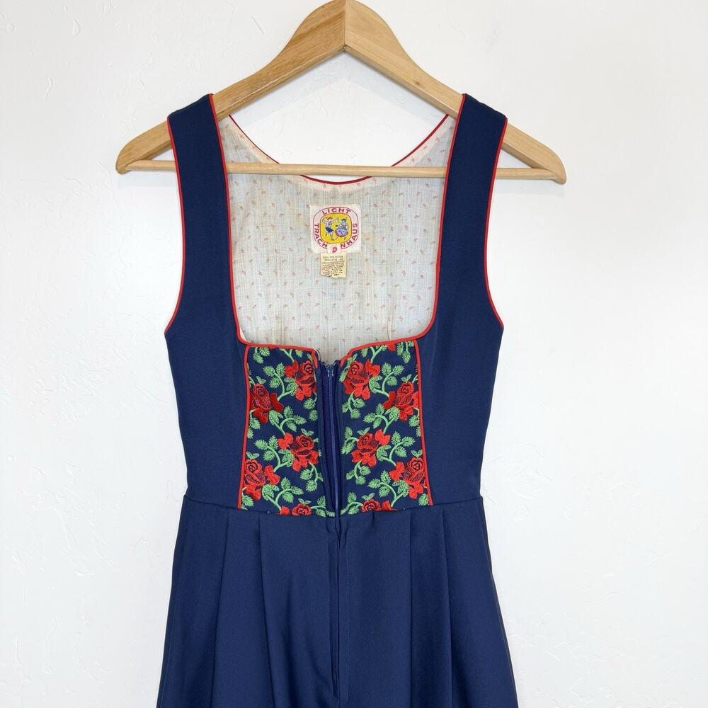 Vintage Licht Trachtenhaus Drindl Dress Womens 6 Navy Blue Embroidered German - Picture 2 of 8